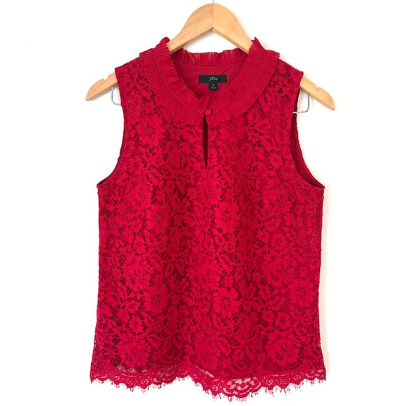 J.Crew Red Lace Ruffle Neck Sleeveless Top Christmas Holiday Preppy Sz S - Picture 2 of 7